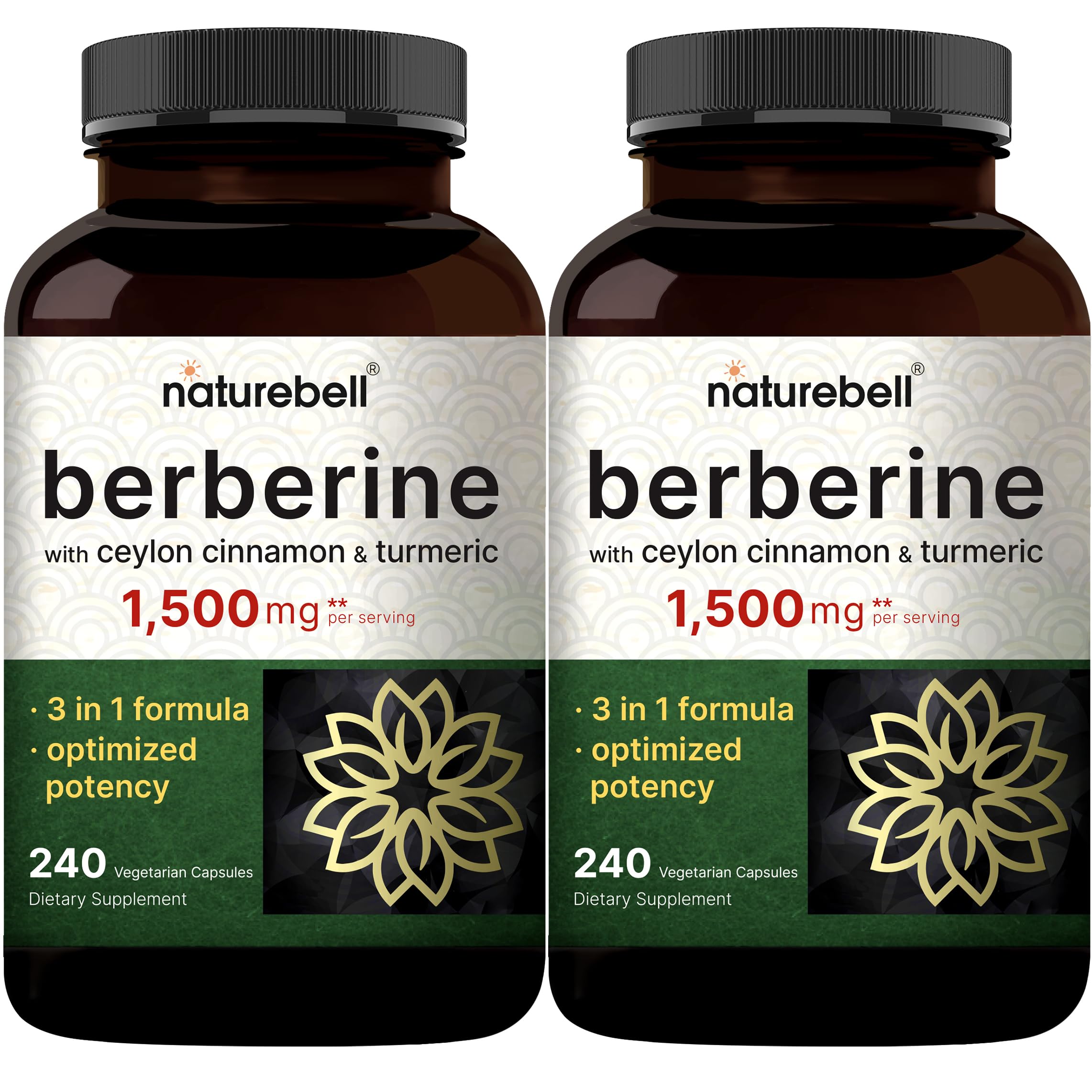 NatureBell Berberine 1500mg with Cinnamon & Turmeric – 2 Pack Veggie Capsules | 97% Pure Berberine HCl