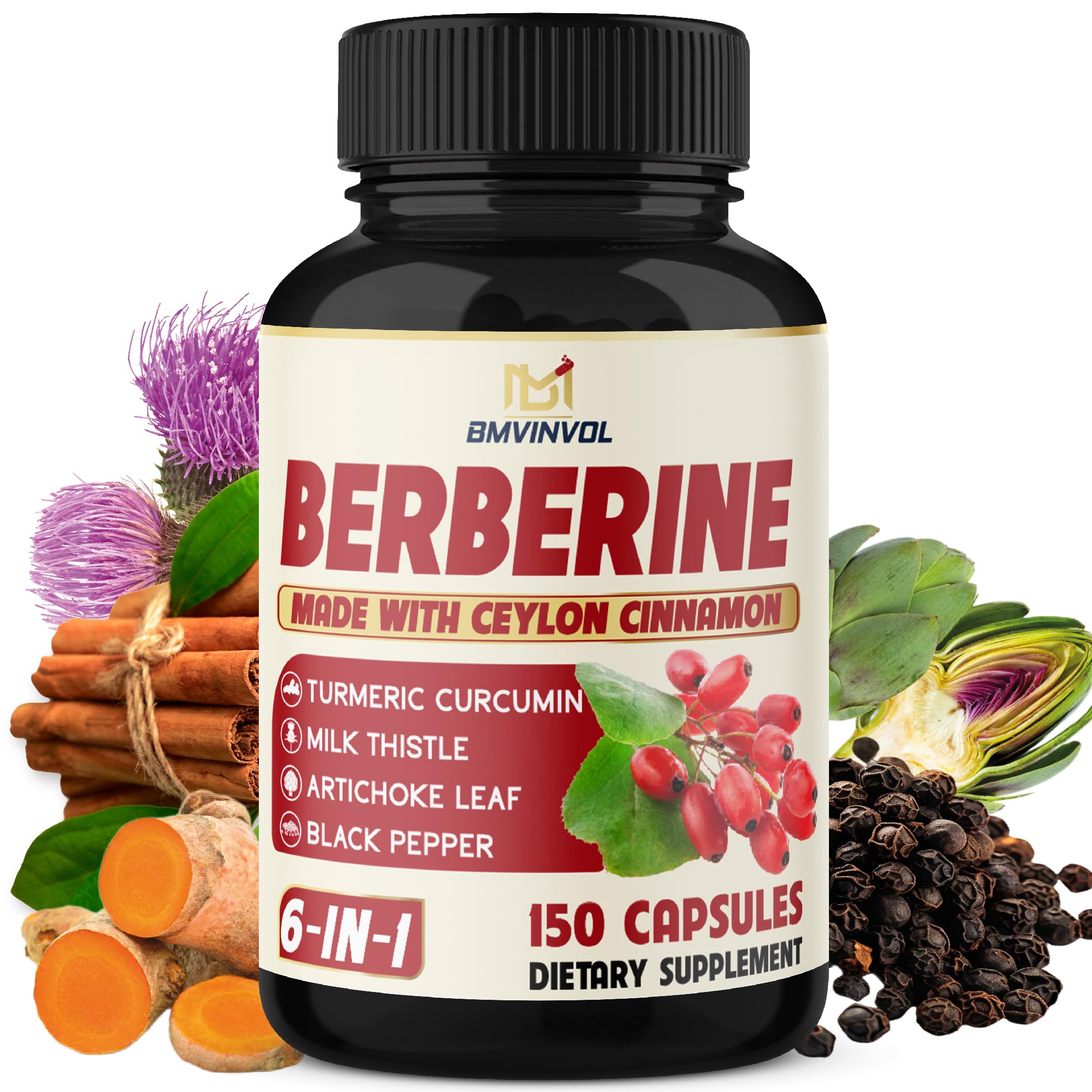 Berberine with Ceylon Cinnamon, Turmeric, Milk Thistle, Artichoke & Black Pepper - 150 Count