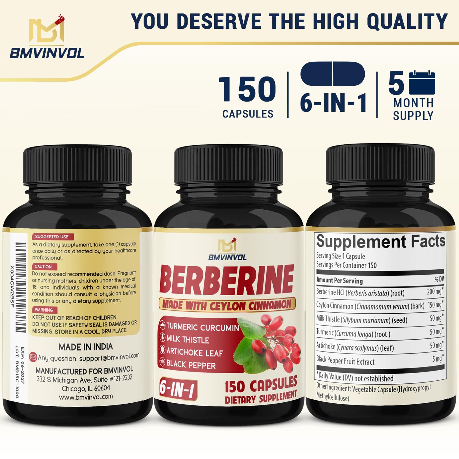Berberine with Ceylon Cinnamon, Turmeric, Milk Thistle, Artichoke & Black Pepper - 150 Count