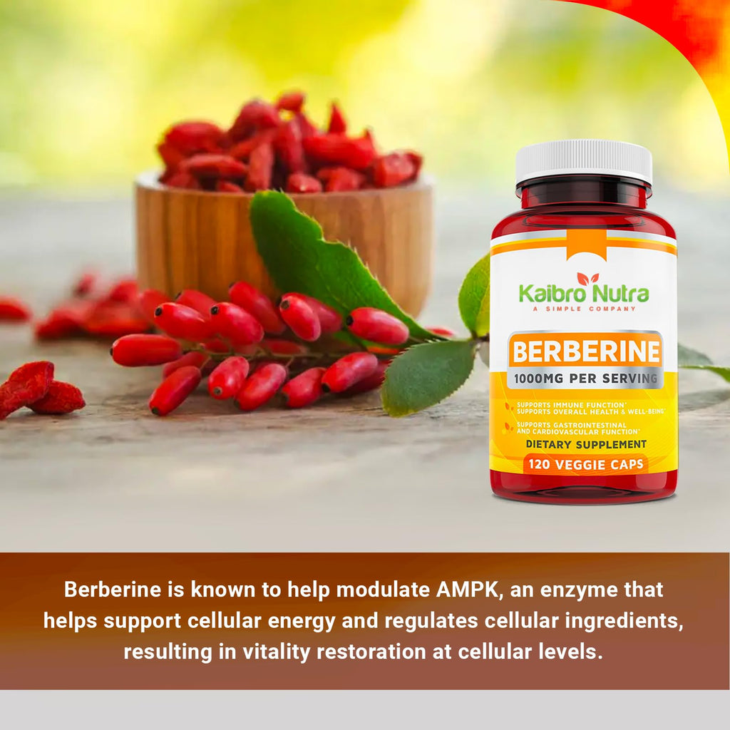 Kaibro Nutra Berberine 1000mg Supplement – Immune, Glucose & Circulatory Health | Vegan & Gluten-Free, 120 Capsules