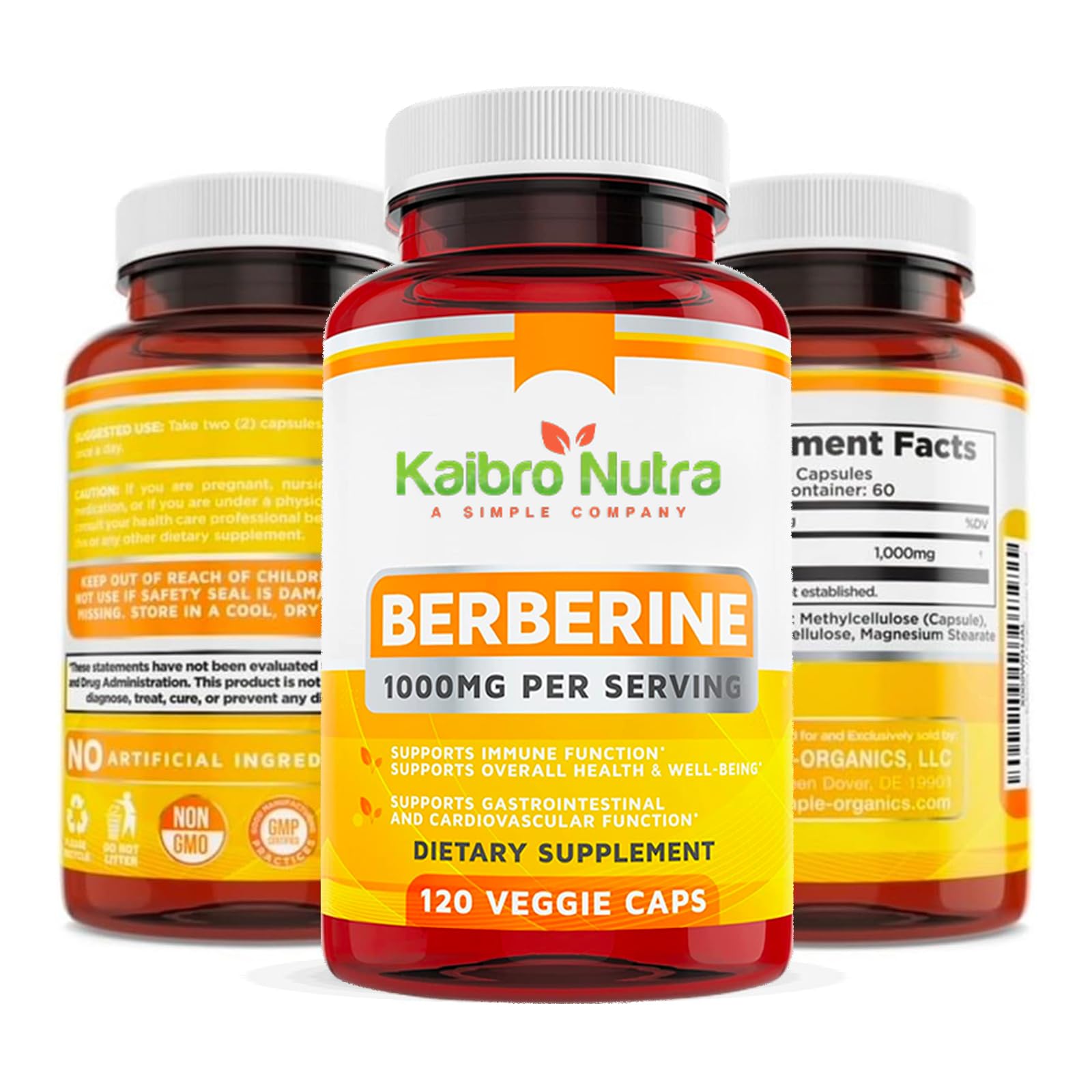 Kaibro Nutra Berberine 1000mg Supplement – Immune, Glucose & Circulatory Health | Vegan & Gluten-Free, 120 Capsules