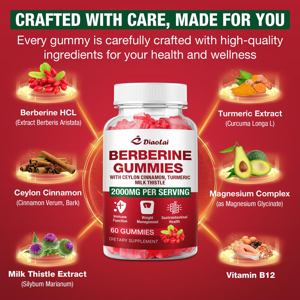 Berberine Gummies 2000mg HCL – Vegan, Non-GMO, Gluten-Free | Raspberry 120 Count