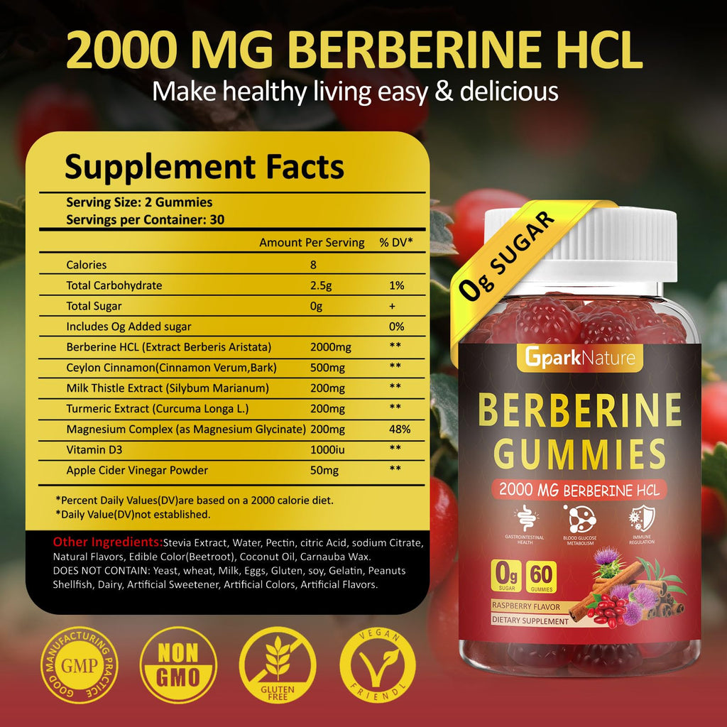 Berberine Gummies 2000 mg – Sugar Free, Vegan Raspberry (2 Pack, 120 Count)