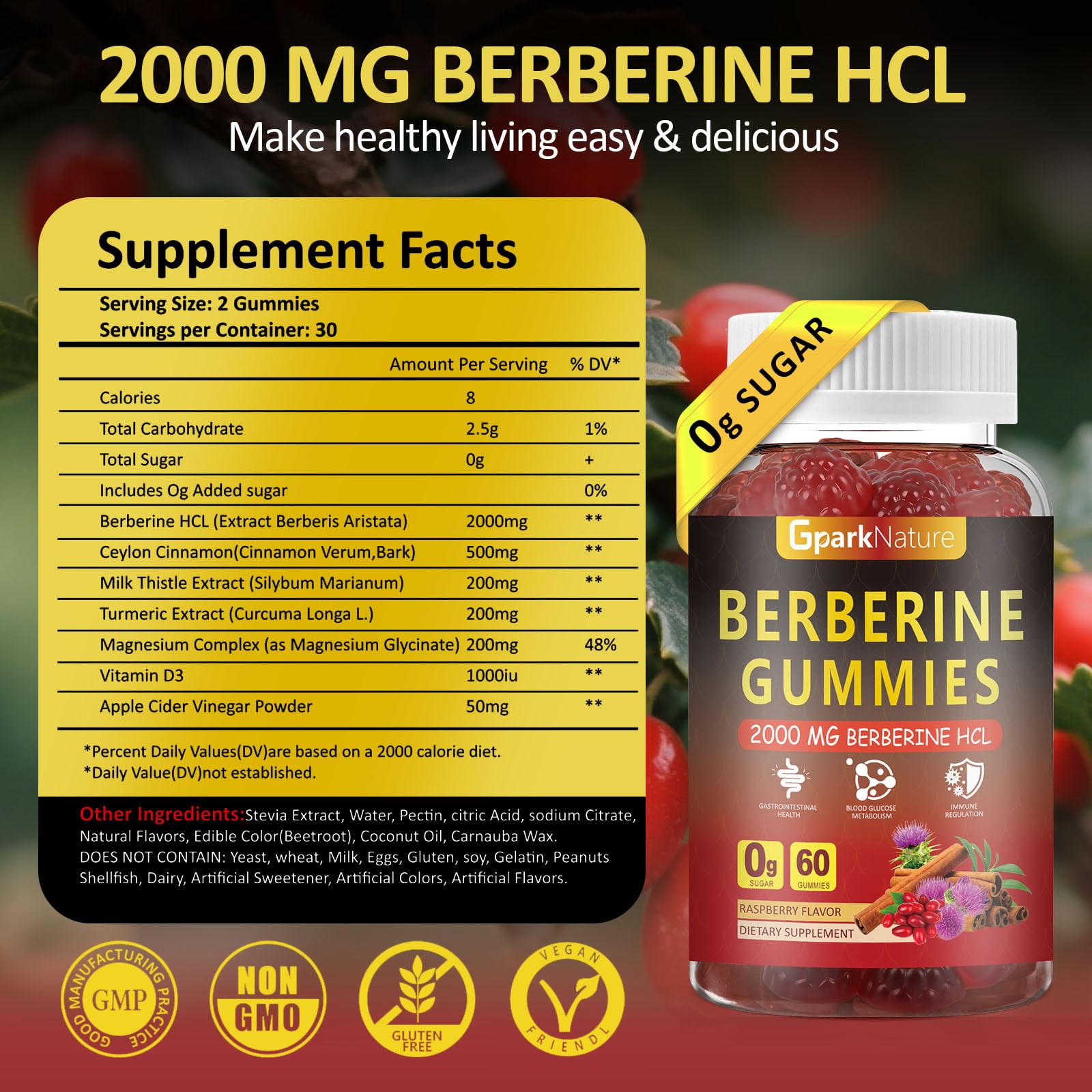Berberine Gummies 2000 mg – Sugar Free, Vegan Raspberry (2 Pack, 120 Count)