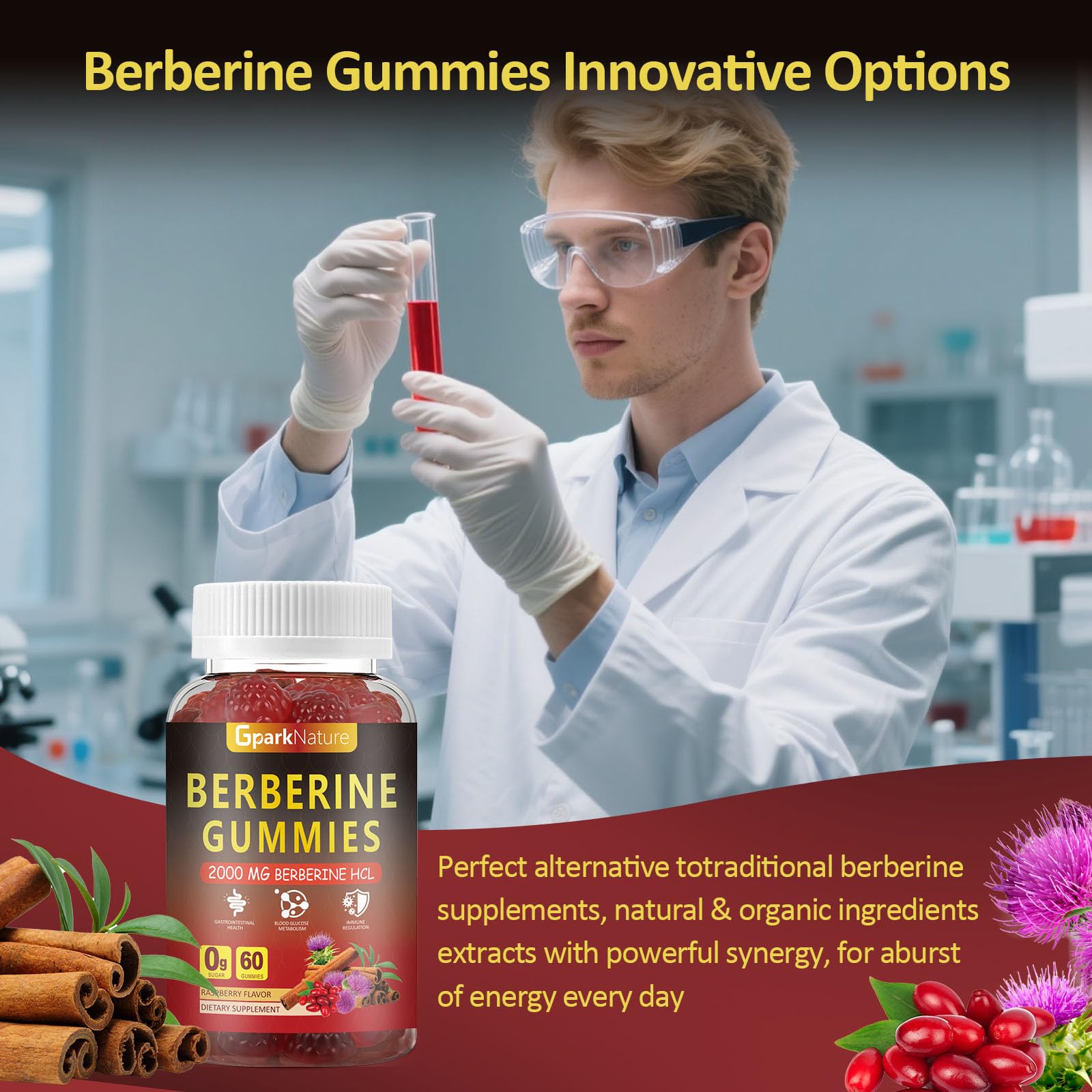 Berberine Gummies 2000 mg – Sugar Free, Vegan Raspberry (2 Pack, 120 Count)