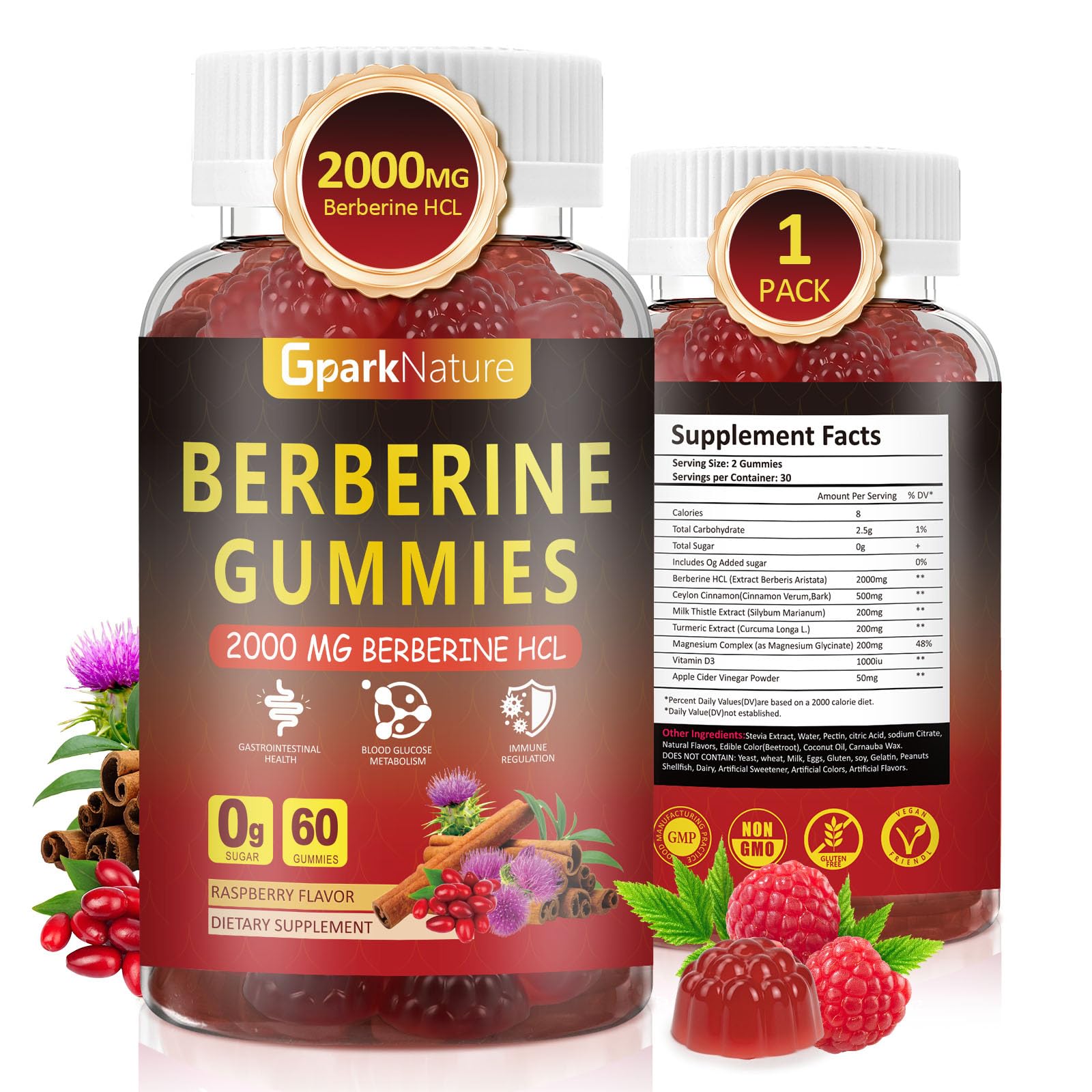 Berberine Gummies 2000 mg, Berberine Supplement with Ceylon Cinnamon, Turmeric, Milk Thistle, Magnesium, Chromium for Immune Support, Sugar Free, Vegan, Raspberry Flavor, 60 Count-1 Pack