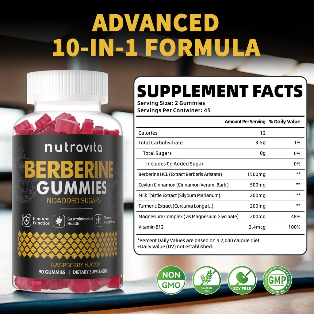Nutravita Berberine Gummies 1500mg HCL + Ceylon Cinnamon – Sugar Free Raspberry 2-Pack