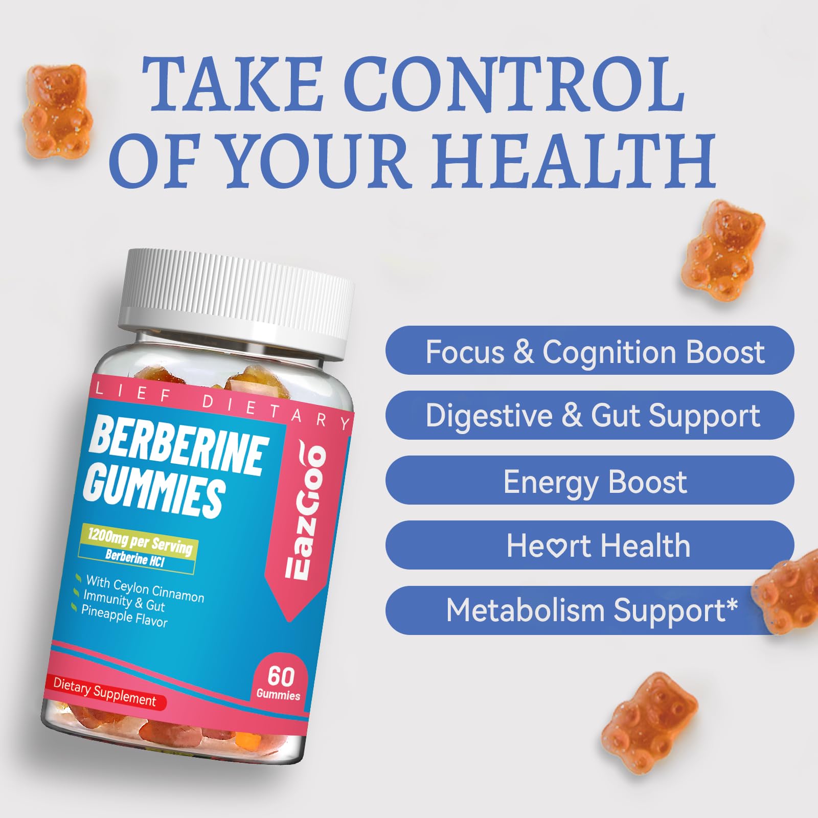 Berberine Gummies with Ceylon Cinnamon – 1200mg Berberine HCI, Metabolism & Energy Support, Vegan, Non-GMO, Gelatin-Free, 60 Count