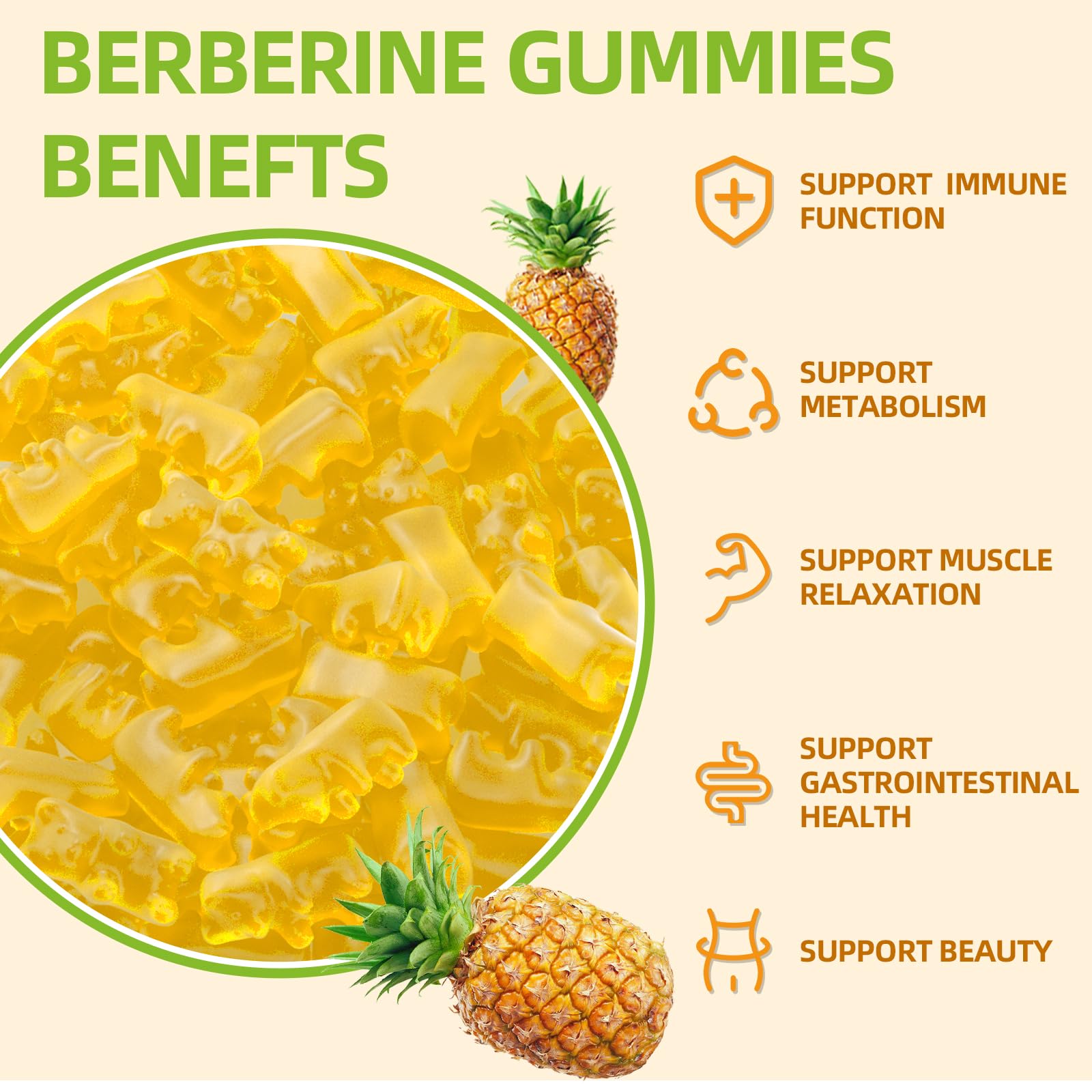 Berberine Gummies with Ceylon Cinnamon 1500mg | Immune & Metabolism Support | Sugar Free Pineapple 60 Count