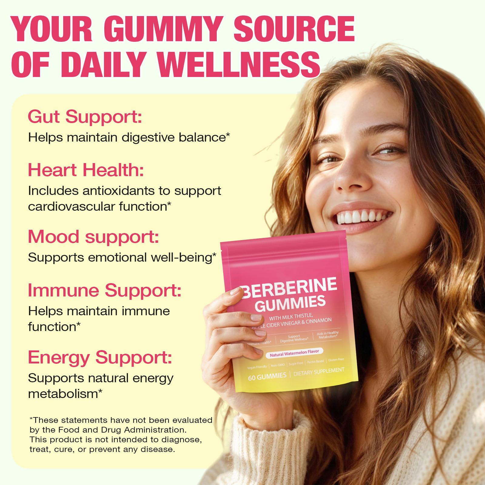 CSDLQNF Berberine Gummies with Cinnamon & Milk Thistle – Sugar-Free Watermelon (60 Count)