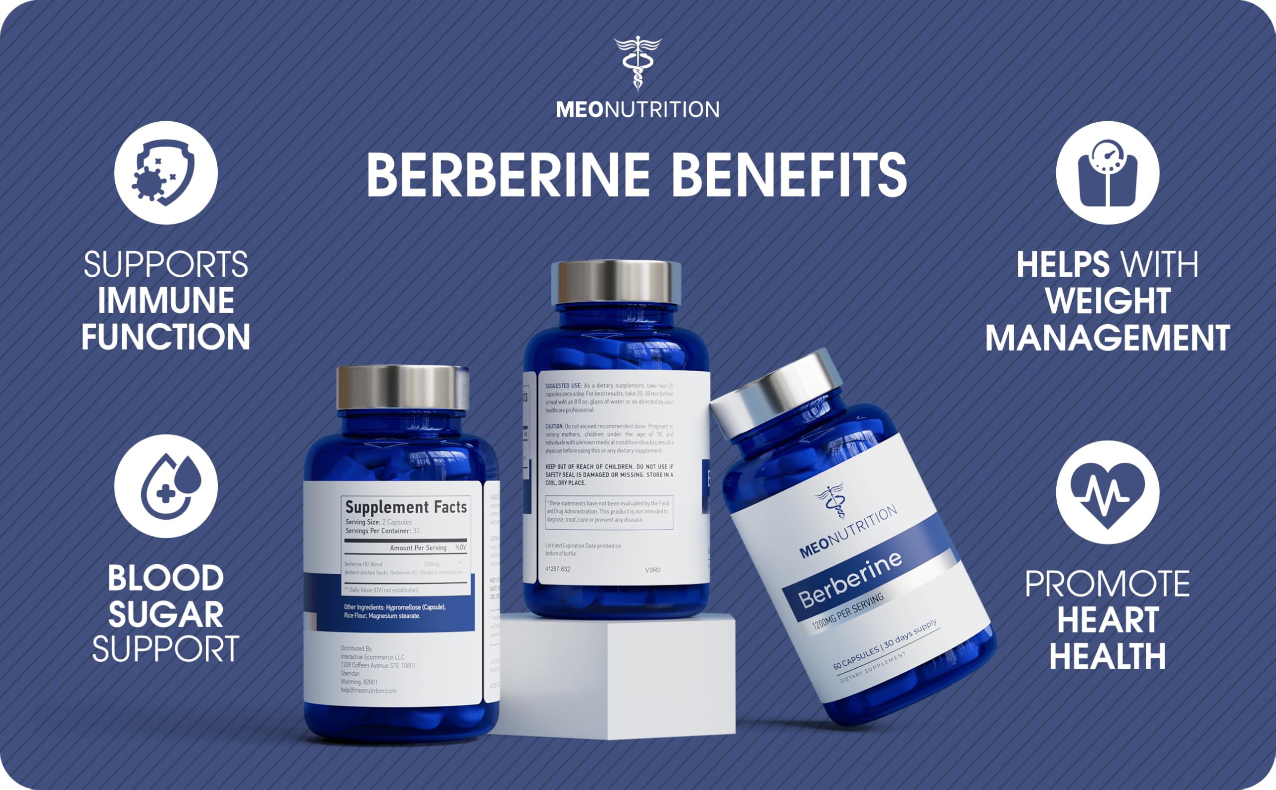 Meo Nutrition Berberine Supplement 1200mg HCI - 60 Capsules | Third-Party Lab Tested, Non-GMO, GMP Certified