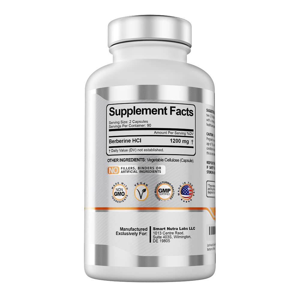 Smart Nutra Labs Berberine HCL 1200mg - 180 Vegan Capsules | Non-GMO, Gluten Free