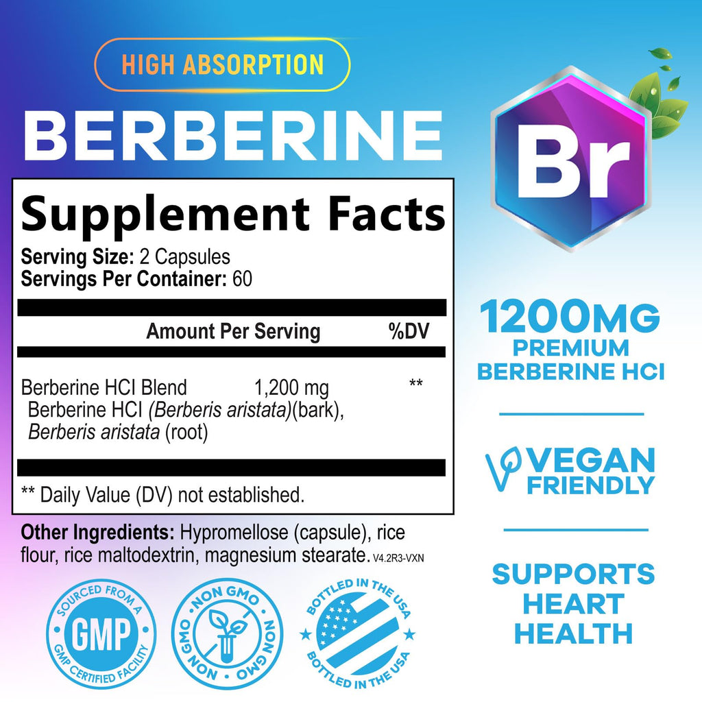 Berberine HCL 1200mg - High Absorption Capsule for Heart Health & Immune Support | Vegan, Gluten-Free, Non-GMO | 120 Veggie Capsules