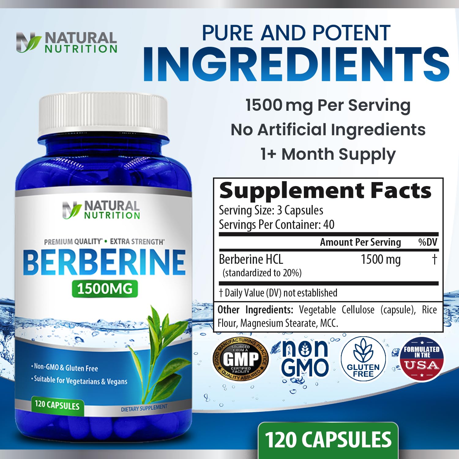Natural Berberine HCL Extra Strength 1500mg - 120 Capsules | Gluten Free & Non-GMO