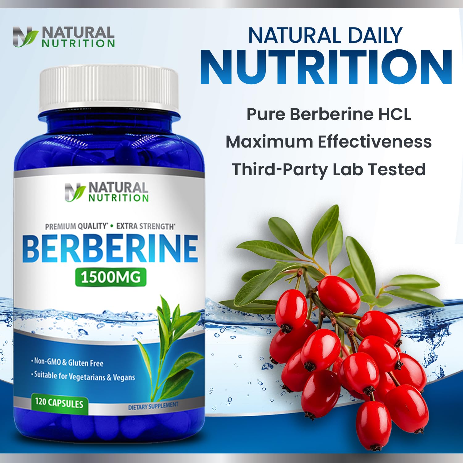 Natural Berberine HCL Extra Strength 1500mg - 120 Capsules | Gluten Free & Non-GMO
