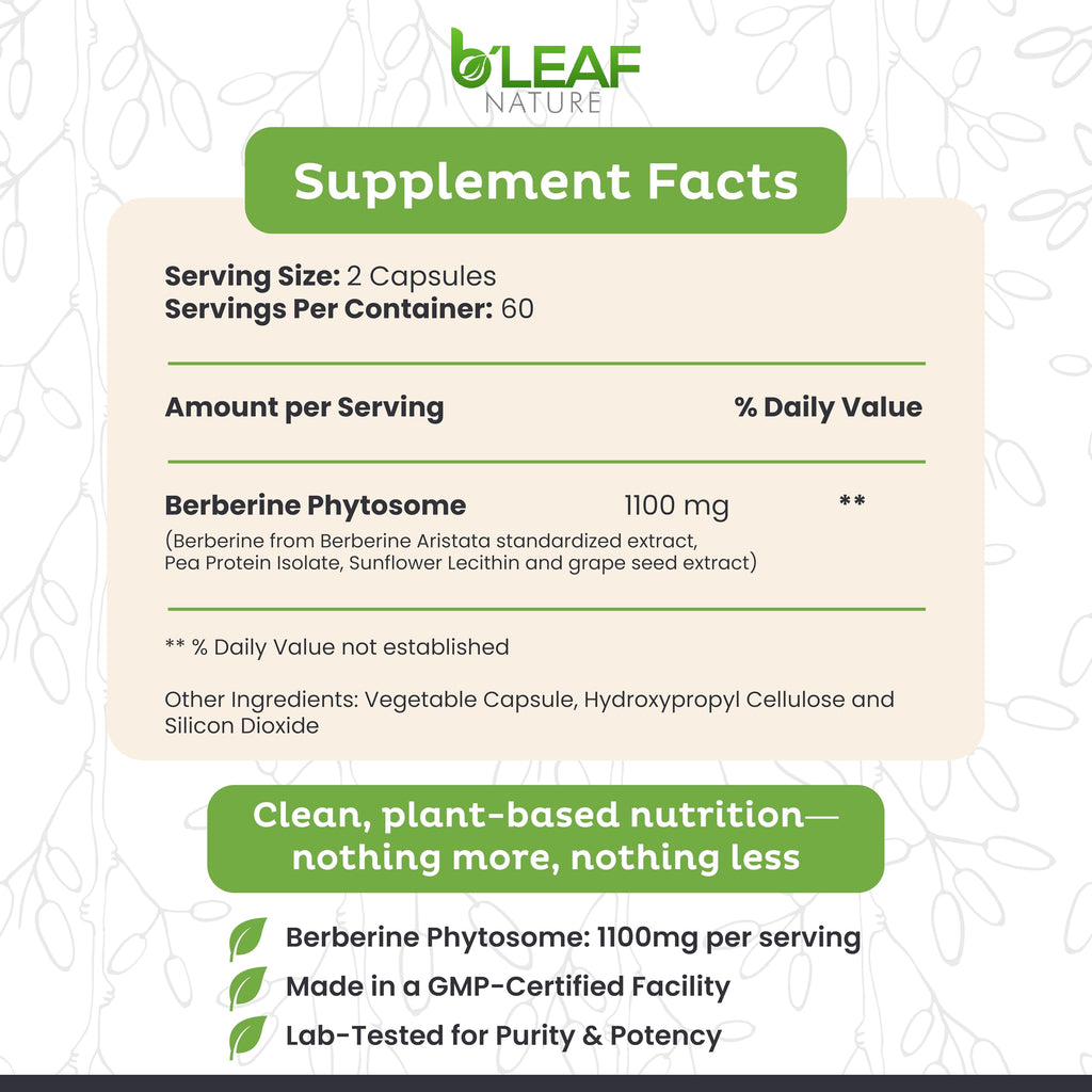 B’Leaf Nature Berberine Phytosome – 120 Capsules (1100mg) – Metabolic & Cardiovascular Support