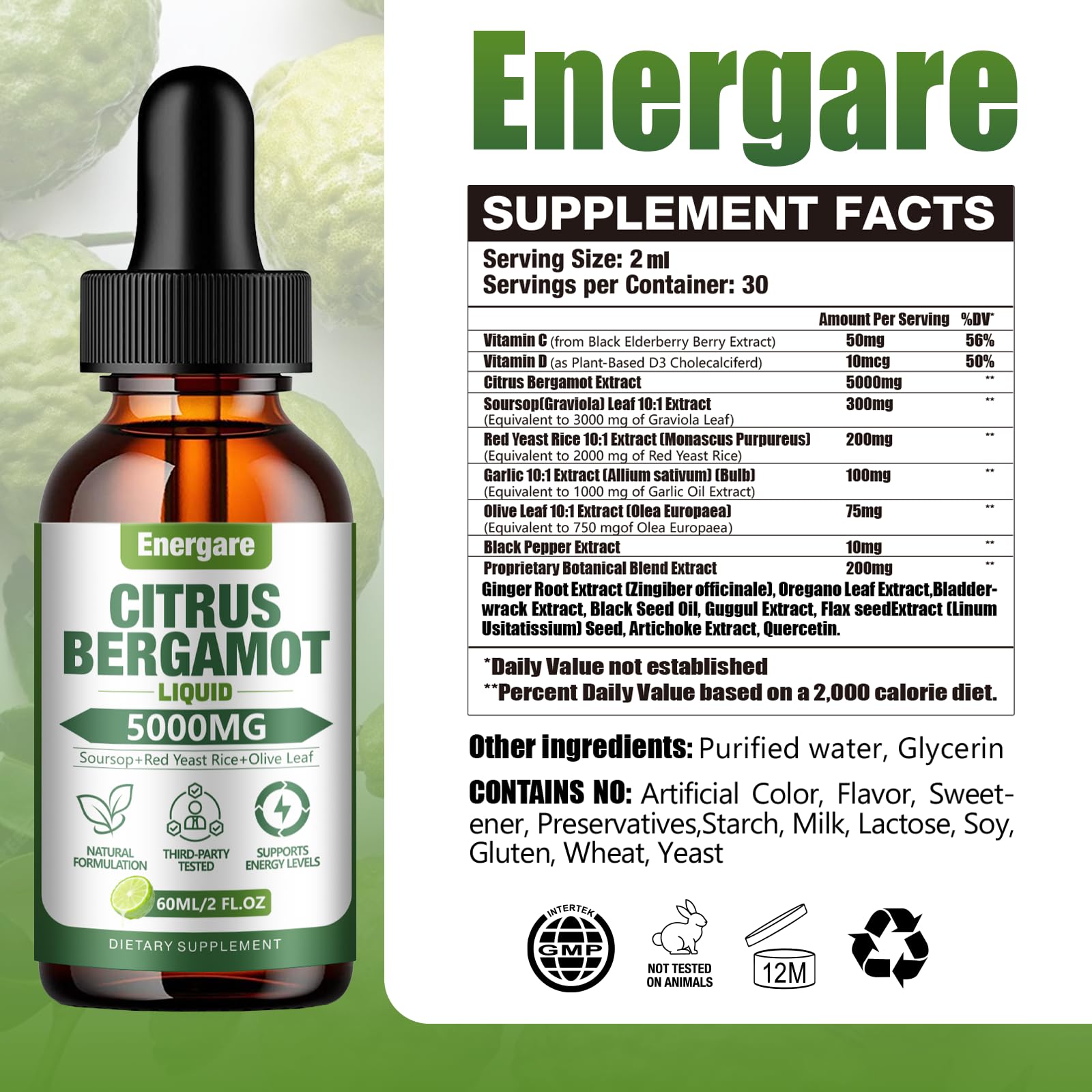 1 Pack 5000MG Citrus Bergamot Liquid Drops – High Cholesterol Support (2 oz) with Soursop & Olive Leaf