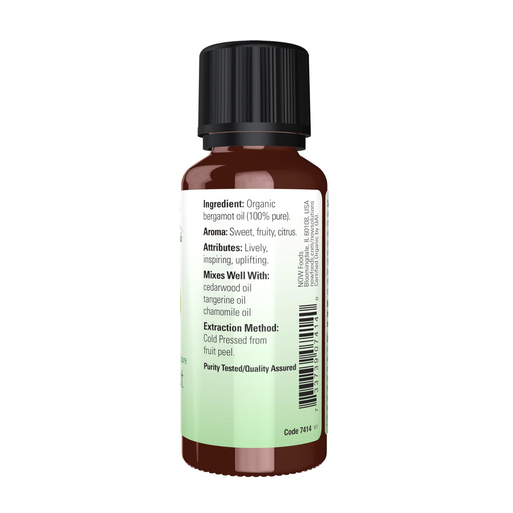 NOW Essential Oils Organic Bergamot Oil — 100% Pure, Cold-Pressed, Sweet Citrus Aroma, 1 oz