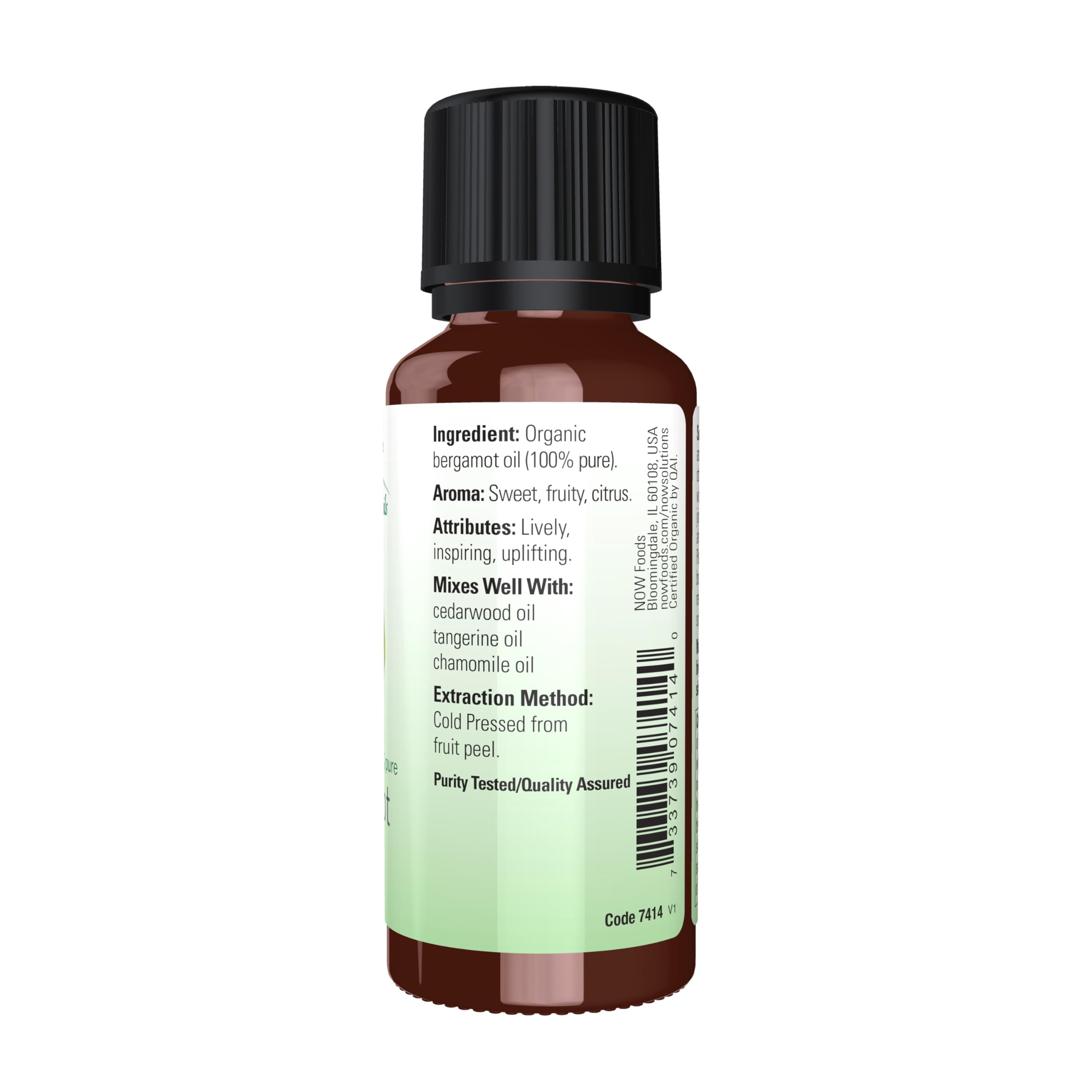 NOW Essential Oils Organic Bergamot Oil — 100% Pure, Cold-Pressed, Sweet Citrus Aroma, 1 oz