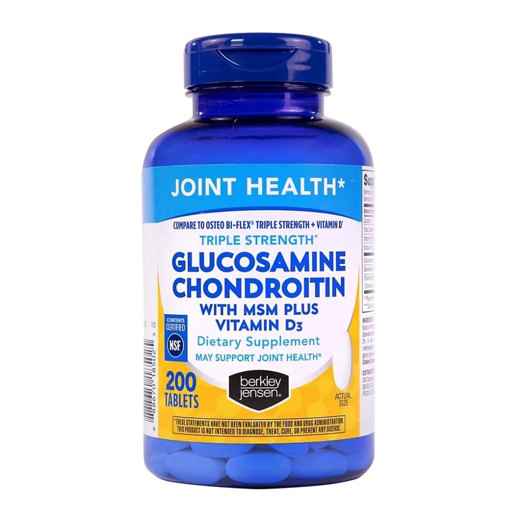 Berkley Jensen Glucosamine Chondroitin MSM – Triple Strength Joint Support, Vitamin D3, 200 Count – NSF Certified