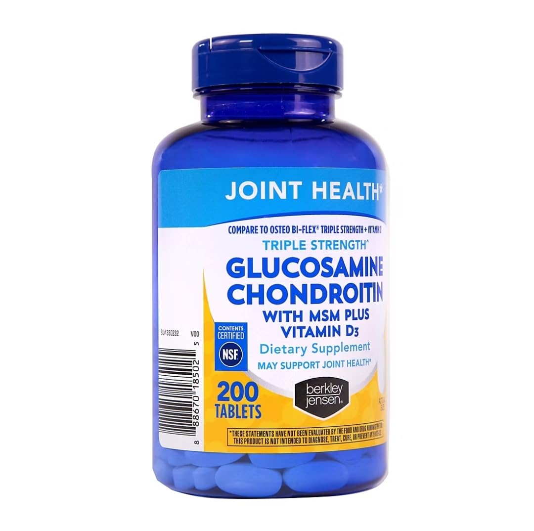 Berkley Jensen Glucosamine Chondroitin MSM – Triple Strength Joint Support, Vitamin D3, 200 Count – NSF Certified