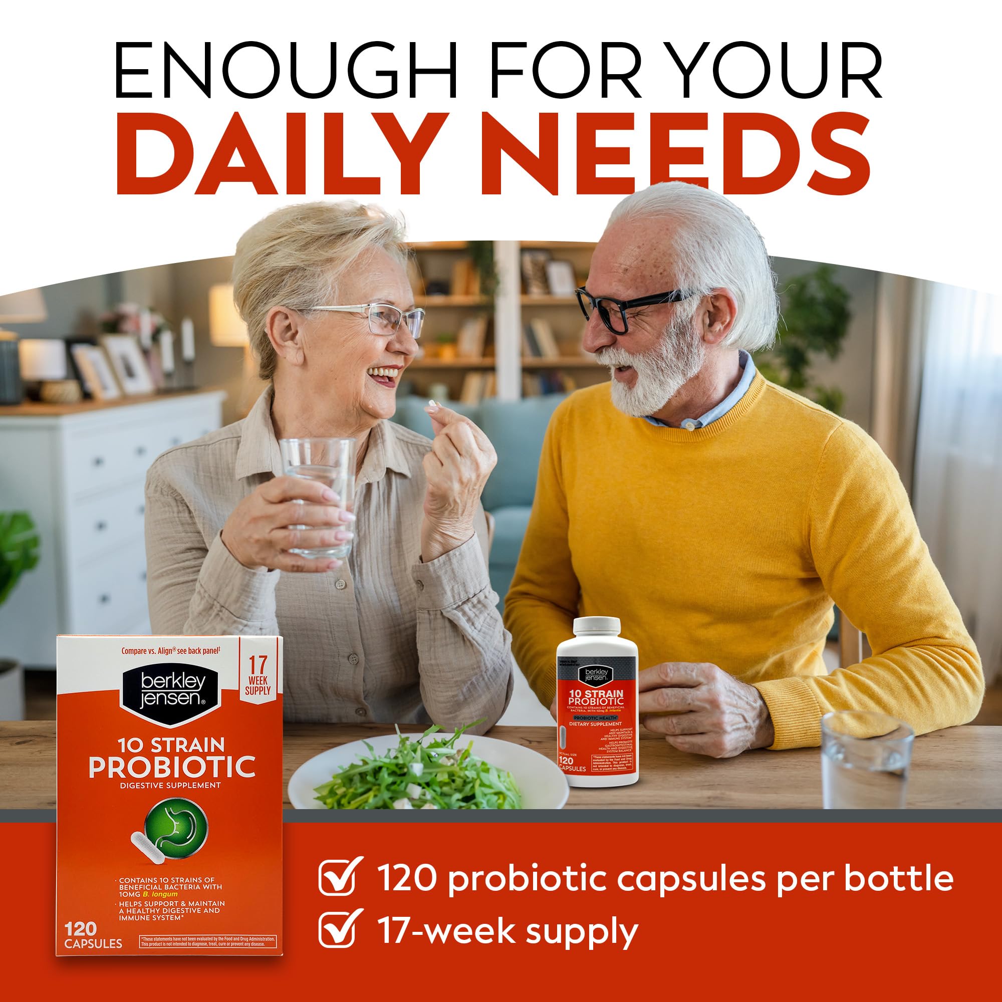 Berkley Jensen Natural 10-Strain Probiotic Supplement - 120 Count, 10 Billion CFUs per Capsule, 17-Week Digestive & Immune Health Support