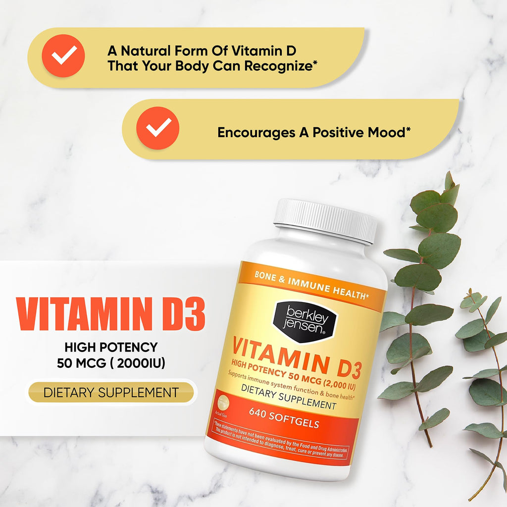 Berkley Jensen Vitamin D3 2000IU (50 mcg) – 640 Softgels, USA Made