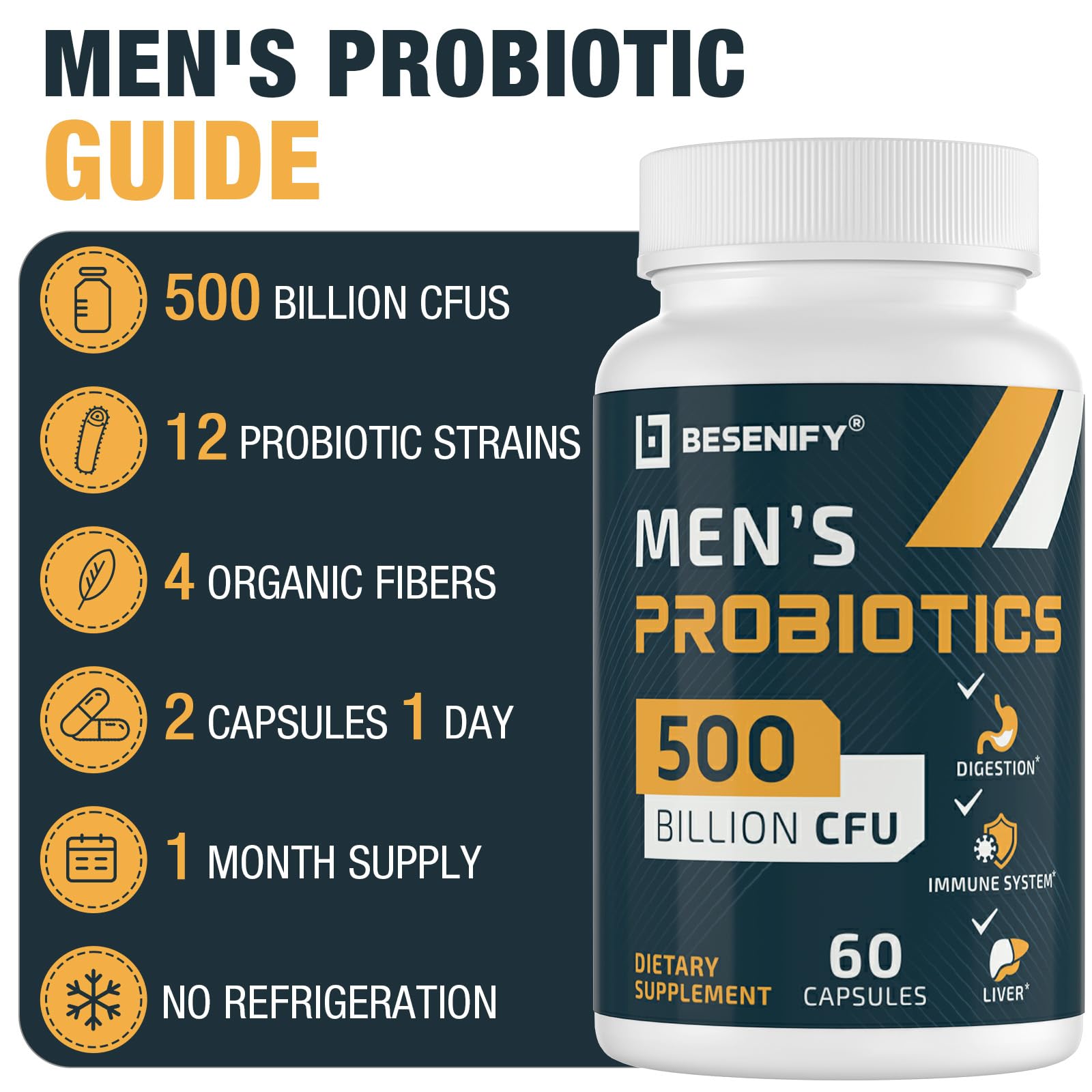 Besenify Probiotics for Men – 500B CFU, 12 Strains, Turmeric & Cranberry