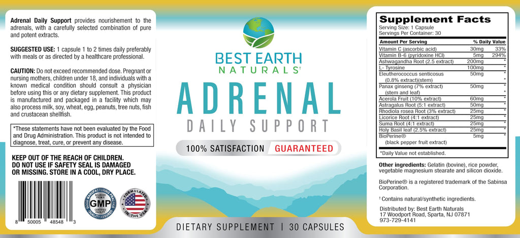 Best Earth Naturals Adrenal Support for Adults – Holy Basil, B Vitamins, L-Tyrosine, Rhodiola Rosea, Ashwagandha