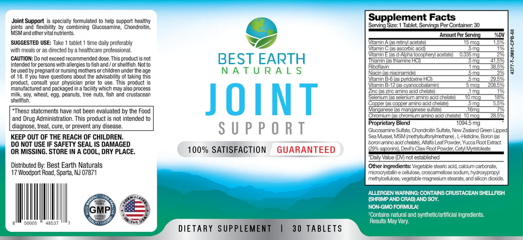 Best Earth Naturals Joint Support- Glucosamine, Chondroitin, MSM & Special Vitamins & Nutrients for Back, Hip & Joint Support - Joint Supplement for Joints, Muscle & Flexibility 30 Day Supply