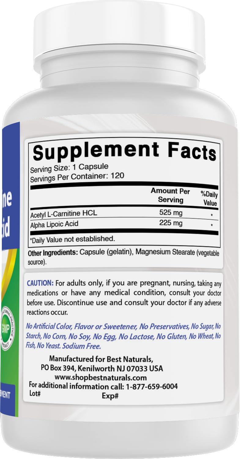 Best Naturals Acetyl L-Carnitine + Alpha Lipoic Acid 750 mg | 120 Capsules (Pack of 2)