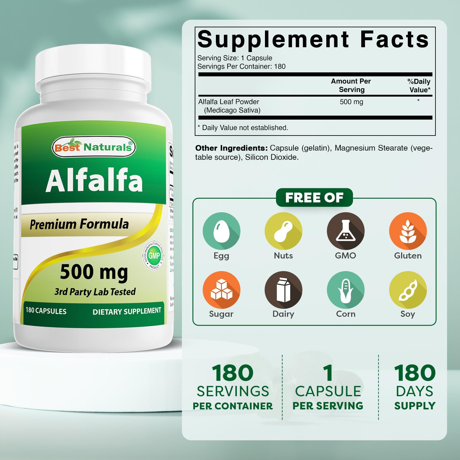 Best Naturals Alfalfa Green Super Food 500 mg – 180 Capsules (Pack of 2)