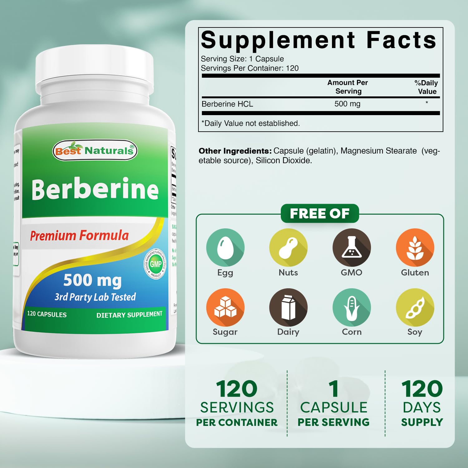 Best Naturals Berberine 500mg – 120 Capsules (Pack of 3) | Immune, Cardiovascular & GI Support