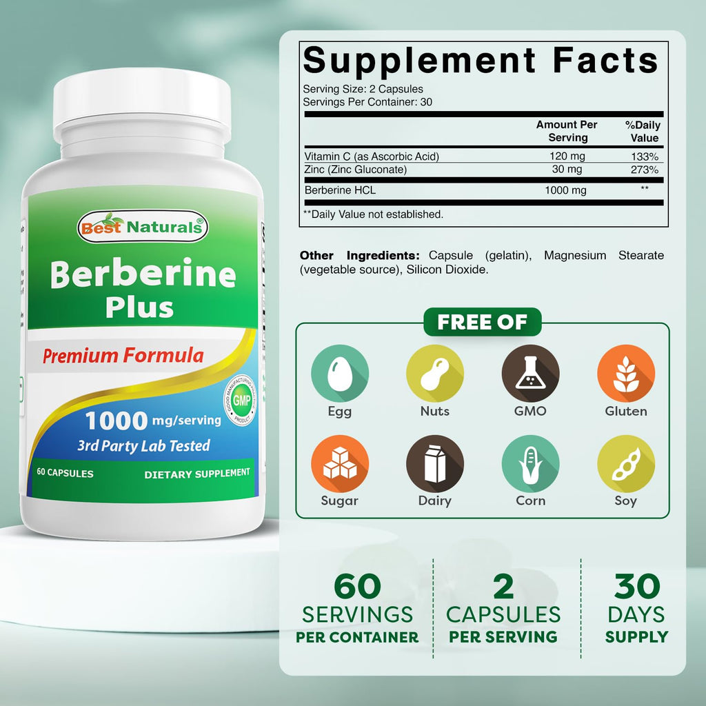 Best Naturals Berberine Plus 1000mg per Serving – Pack of 2, 60 Capsules Each | Non-GMO