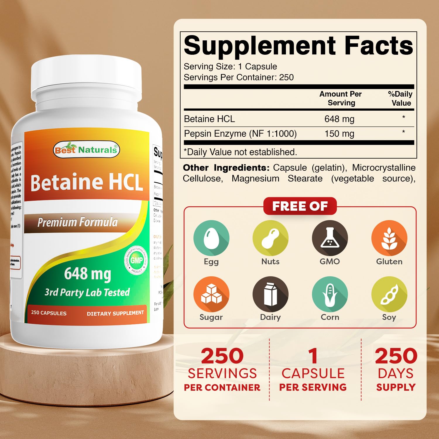 Best Naturals Betaine HCL 648 mg - 750 Capsules (3-Pack)