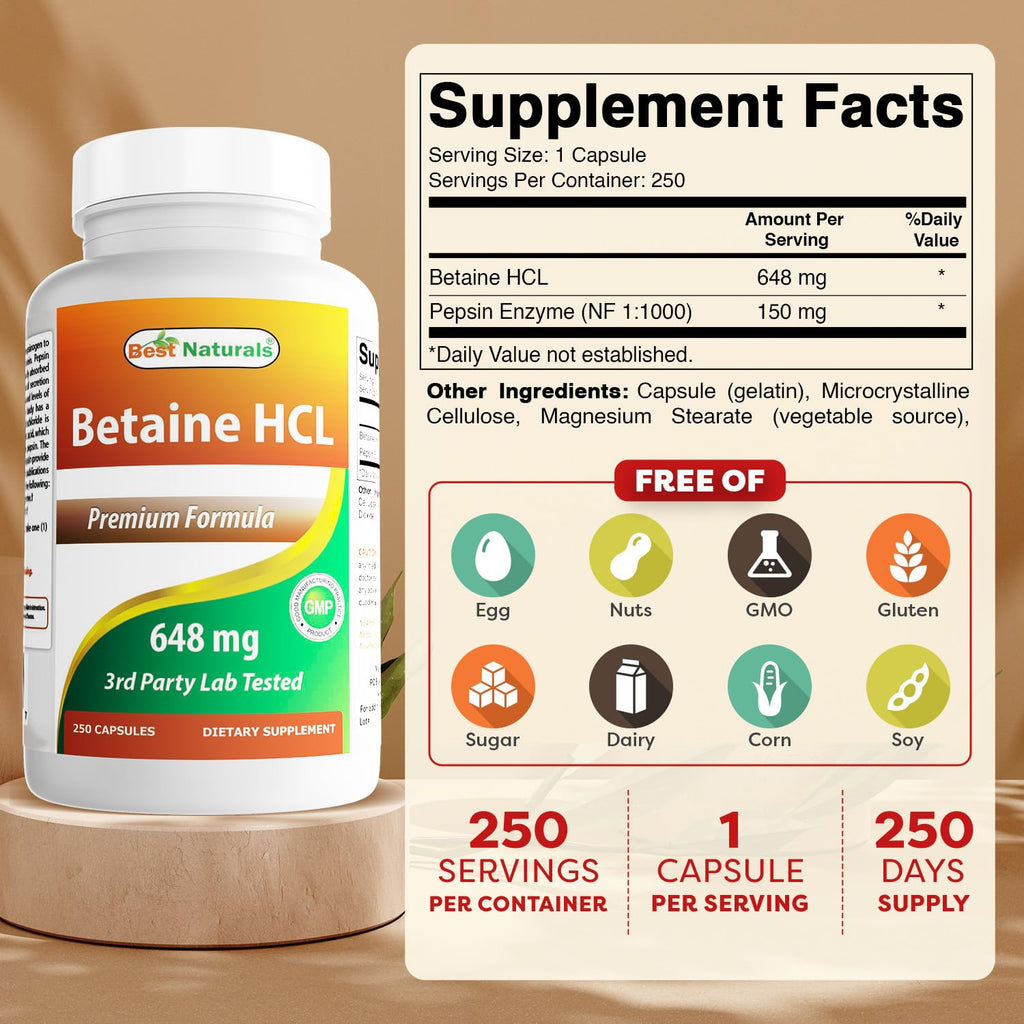 Best Naturals Betaine HCL 648 mg - 750 Capsules (3-Pack)
