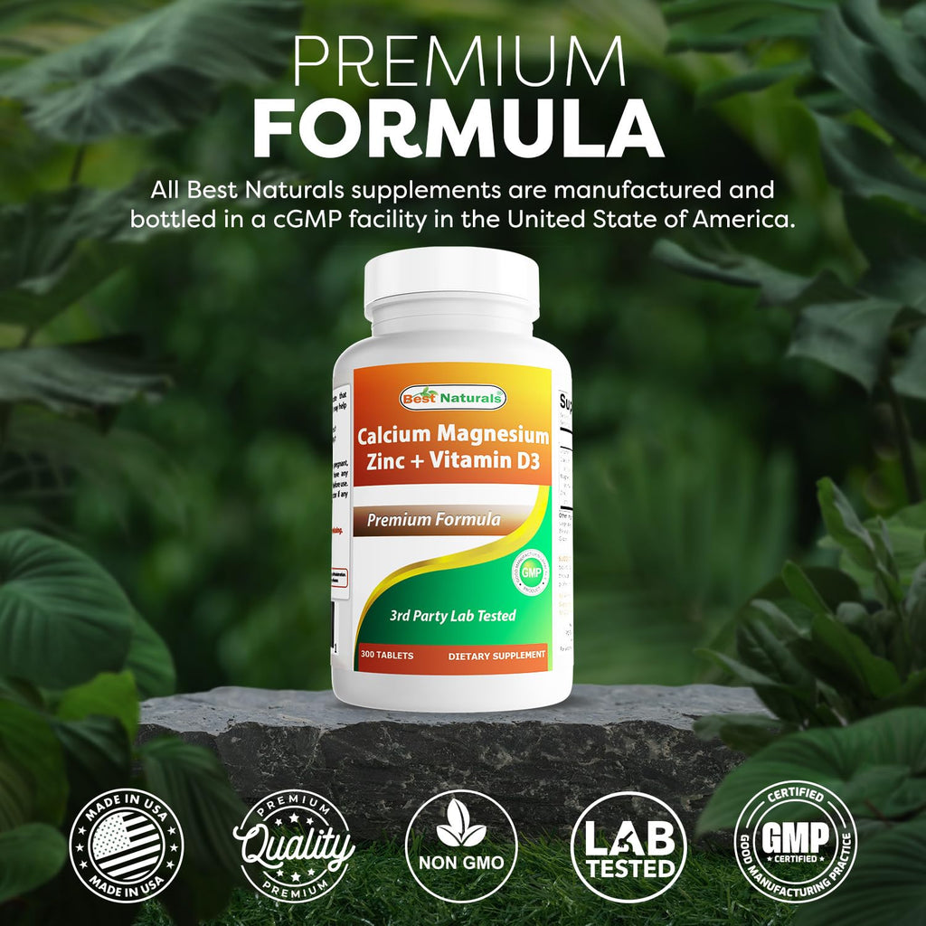 Best Naturals Calcium Magnesium Zinc with Vitamin D3, 300 Tablets - Calcium 1000 mg, Magnesium 400 mg, Zinc 25 mg & D3 600 IU per Serving (3 Tablets) (Pack of 2)