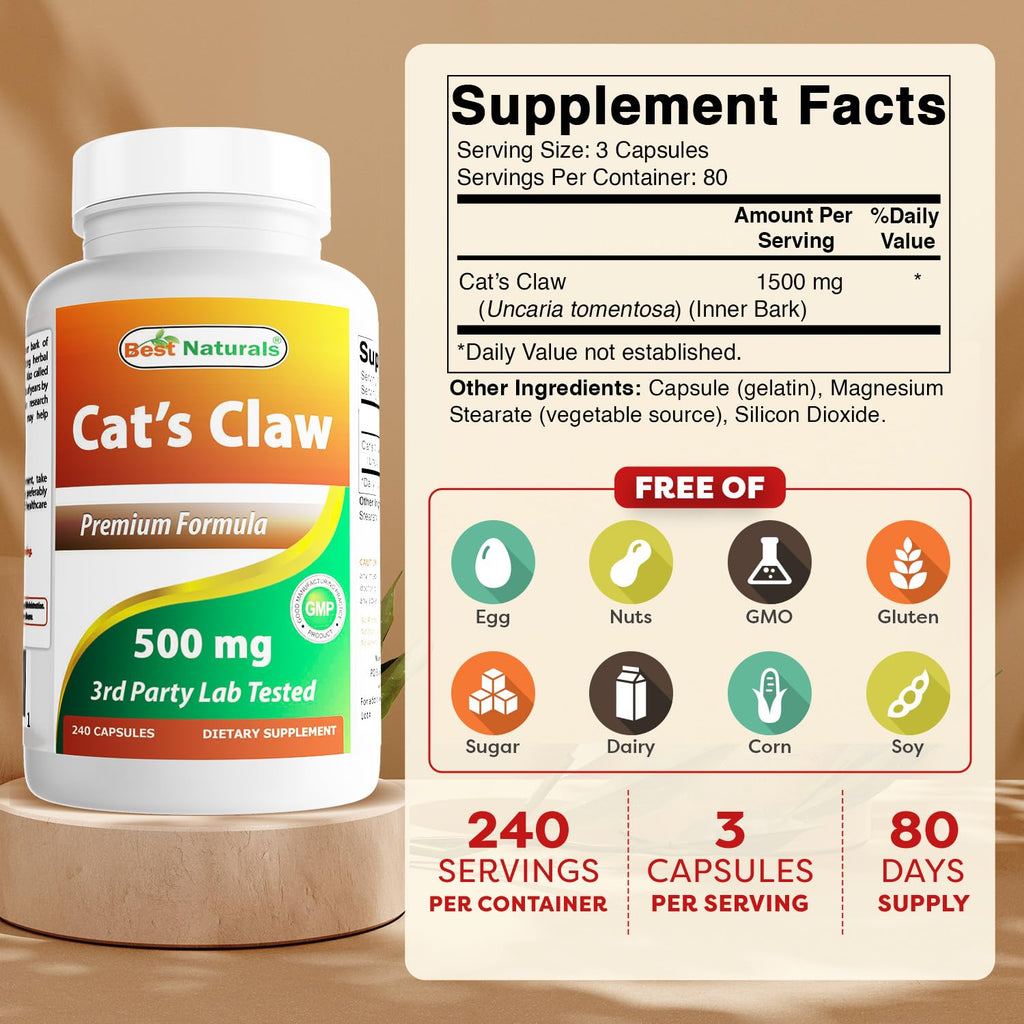 Best Naturals Cat's Claw Capsule 500 mg – 240 Count | Non-GMO, Gluten-Free