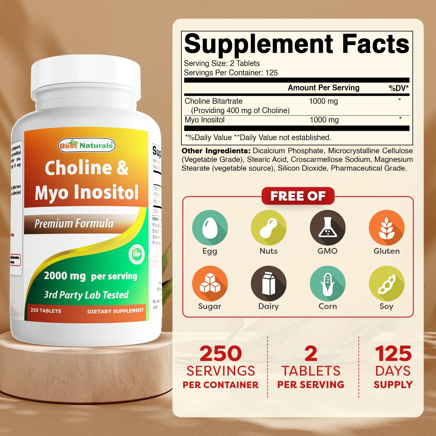 Best Naturals Choline Inositol (Myo-Inositol) 2000 mg per Serving - 250 Tablets | Non-GMO, Gluten Free, Made in USA