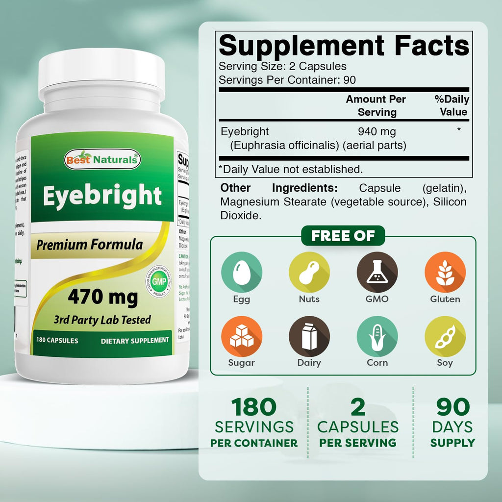 Best Naturals Eyebright 470 mg - 180 Capsules (180 Count, Pack of 2)