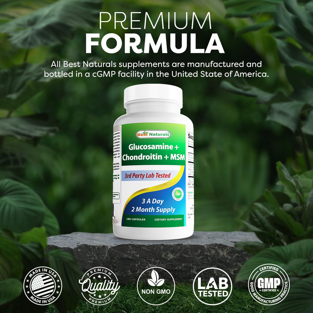 Best Naturals Glucosamine Chondroitin MSM Joint Supplement – 2600 mg/Serving, 180 Capsules per Bottle, Pack of 3