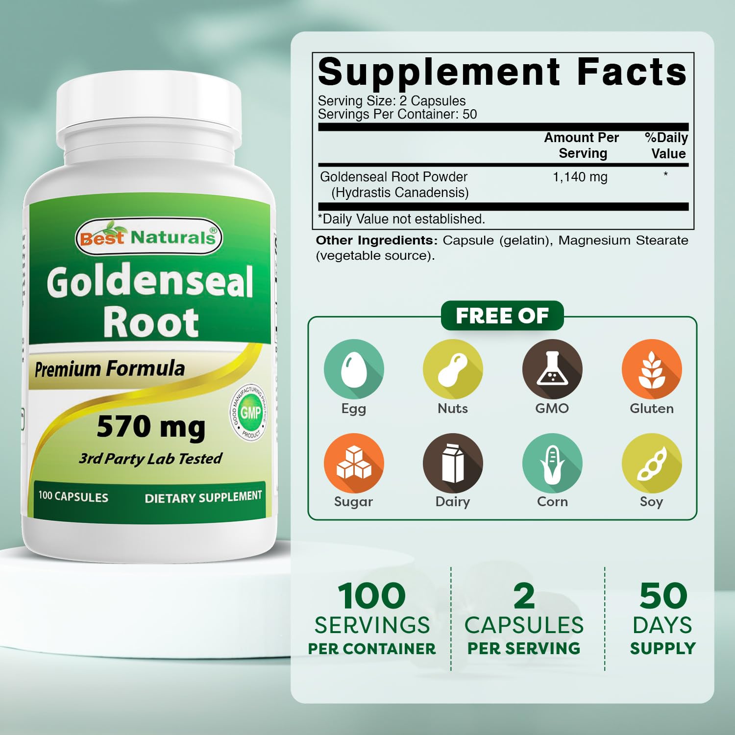 Best Naturals Goldenseal Root 570 mg (Non-GMO) 100 Capsules