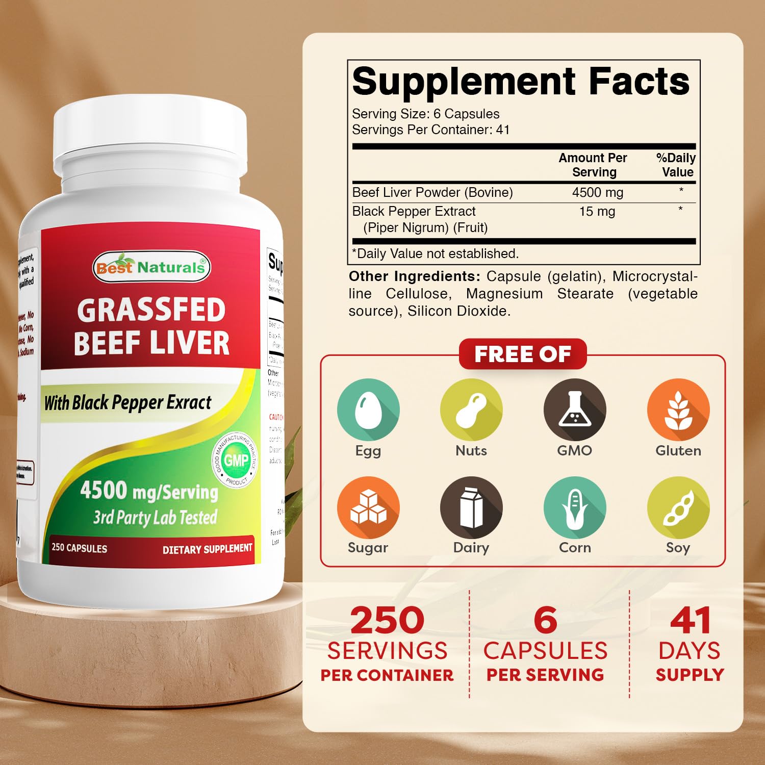 Best Naturals Grass Fed Beef Liver Capsules 4500mg 250 Count - Desiccated Supplement - Energy Production, Detoxification, Digestion, Immunity - Added Black Pepper Extract for Maximum Absorption.