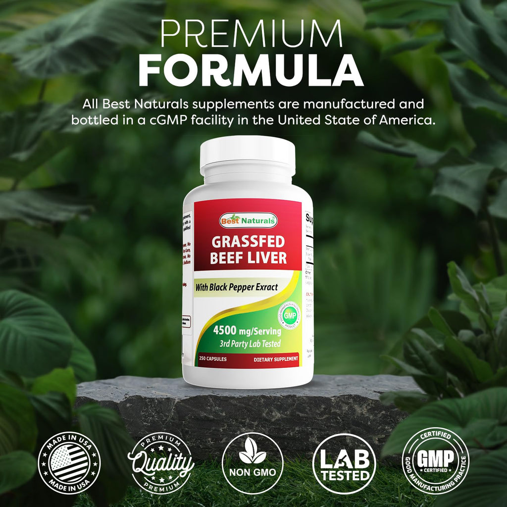 Best Naturals Grass Fed Beef Liver Capsules 4500mg 250 Count - Desiccated Supplement - Energy Production, Detoxification, Digestion, Immunity - Added Black Pepper Extract for Maximum Absorption.