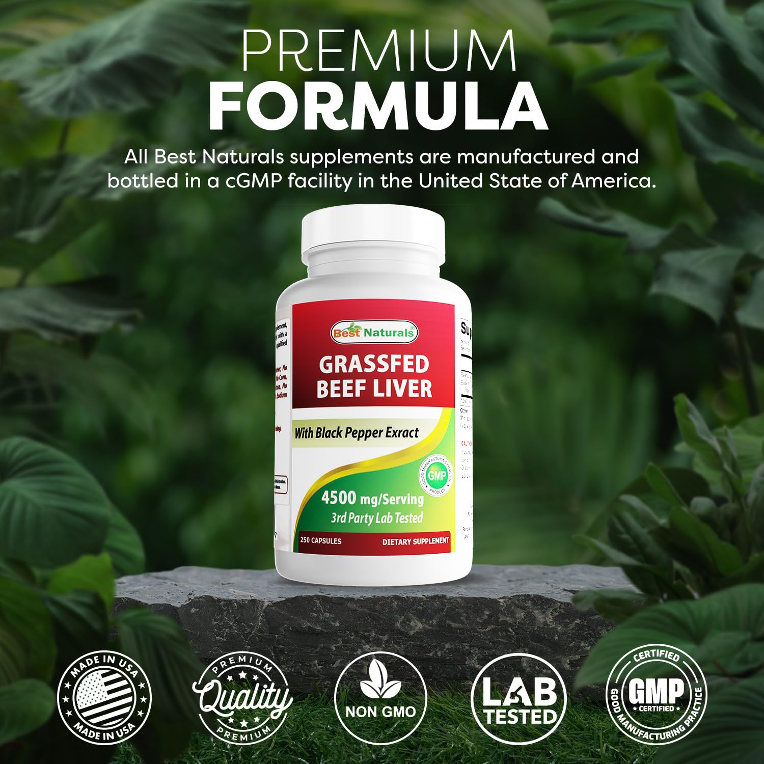 Best Naturals Grass Fed Beef Liver Capsules 4500mg 250 Count - Desiccated Supplement - Energy Production, Detoxification, Digestion, Immunity - Added Black Pepper Extract for Maximum Absorption.