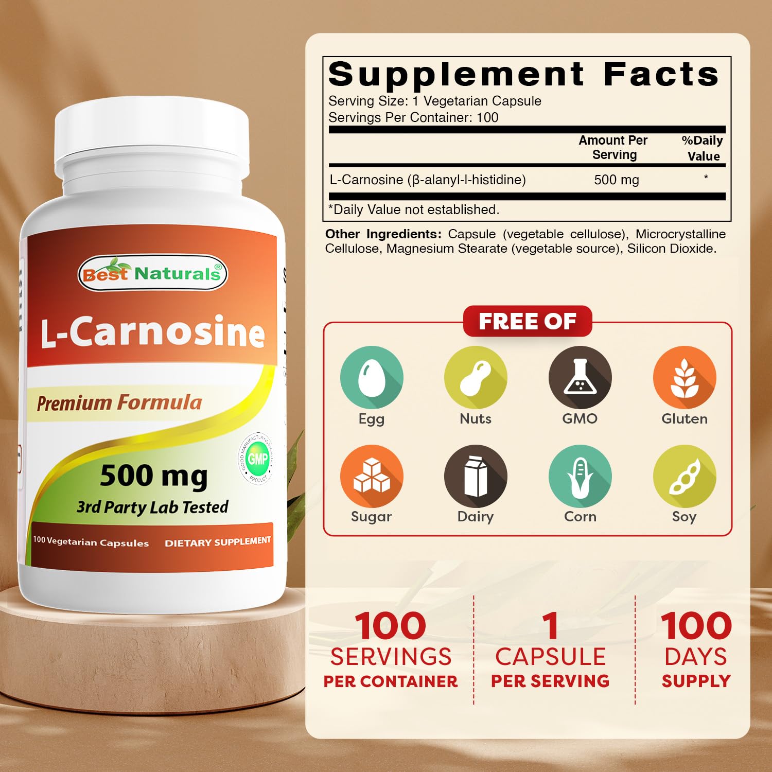 Best Naturals L-Carnosine 500 mg – 100 Vcaps (Pack of 3)