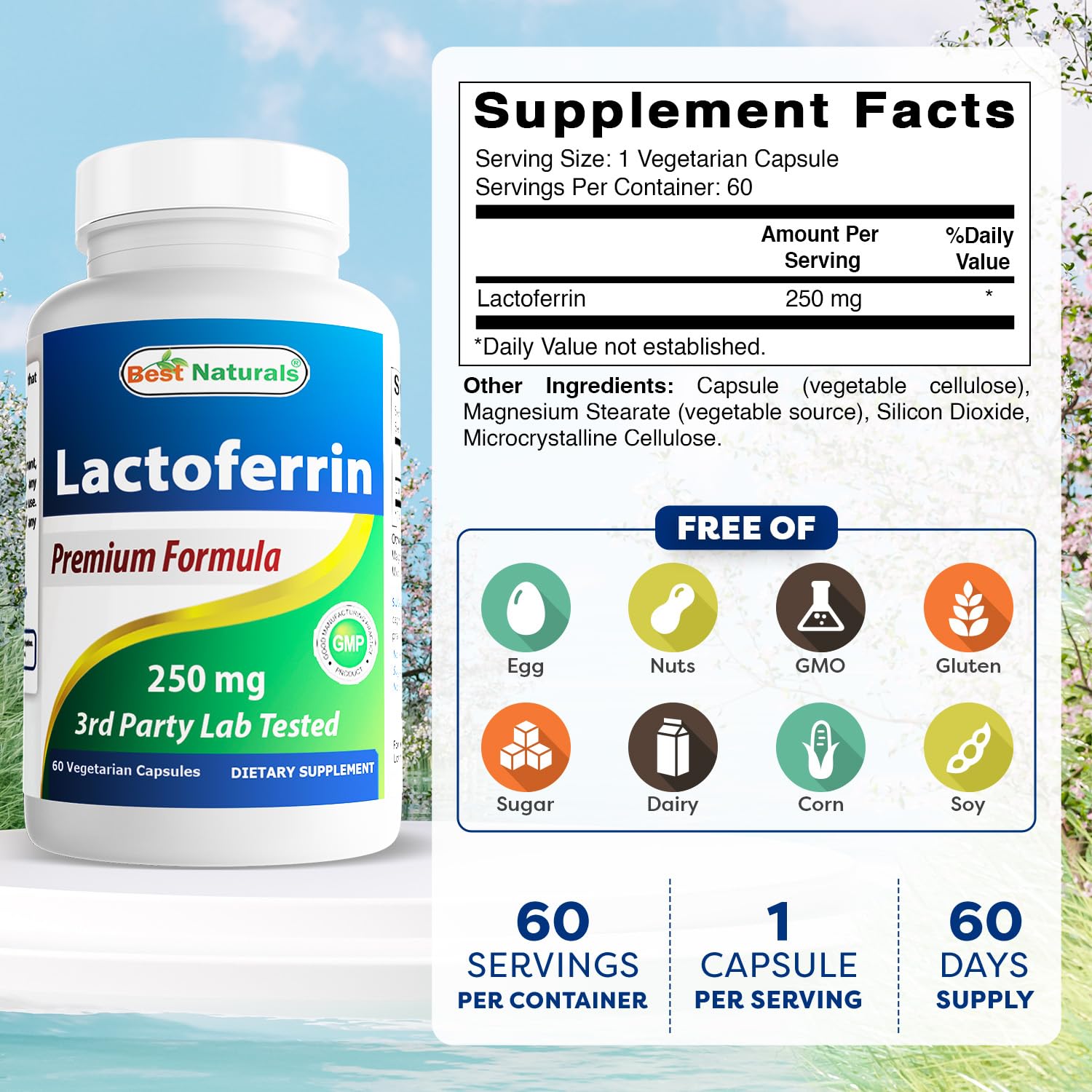 Best Naturals Lactoferrin 250 mg Veggie Capsule, Supports Healthy Immune Function - 60 Count