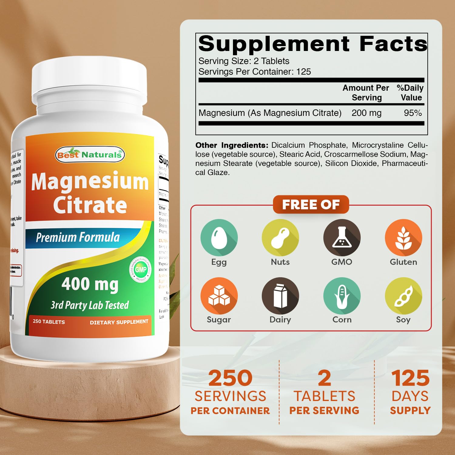 Best Naturals Magnesium Citrate 400 mg - 250 Tablets | Elemental 400 mg per 2 Tablets
