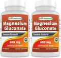 Best Naturals Magnesium Gluconate - 35 mg Mg from 600 mg Gluconate - 180 Tablets (Pack of 2)