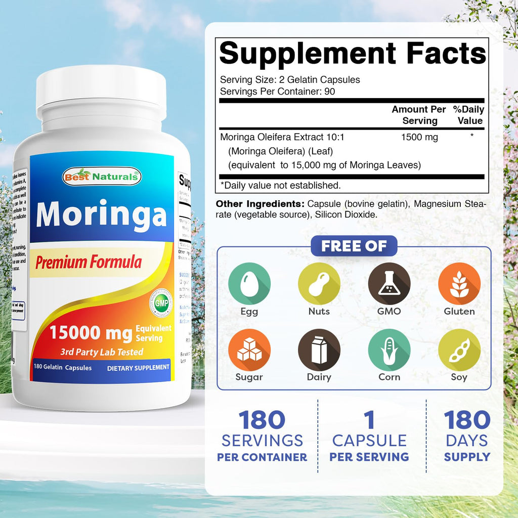 Best Naturals Moringa Extract 10:1 1500mg - 180 Capsules (Pack of 2)